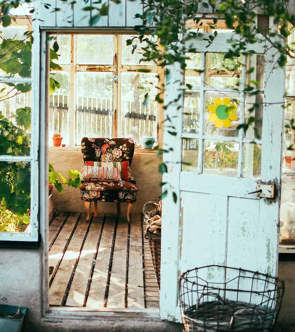 A view through the open door into an overgrown greenhouse where a patterned armchair sits.